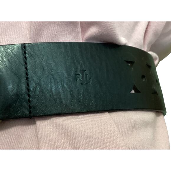 Lauren Ralph Lauren Black Leather Geometric Laser Cut Belt Brass claw Buckle XL